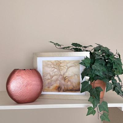 Copper Hammered Metal Vase- Modern Round Decorative Art Vase, Wall Art & Faux Plant