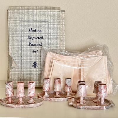Vintage Madison Damask Tablecloth and Pink Marble Miniature Goblet Set with Trays Collectible