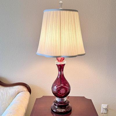 Antique Czech Republic Bohemian Cut to Clear Etched Floral Cranberry Glass Table Lamp with Cream Pleated Shade
