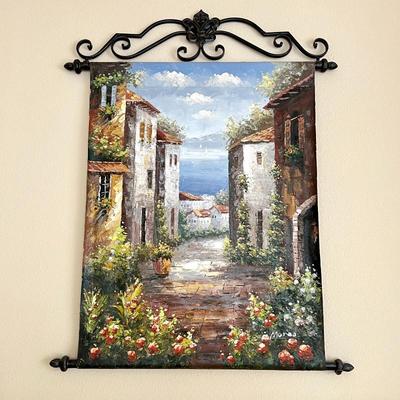 Vintage Scenic Mediterranean Street Oil Painting on Canvas and Signed Marino with Ornate Iron Scroll Hanger
