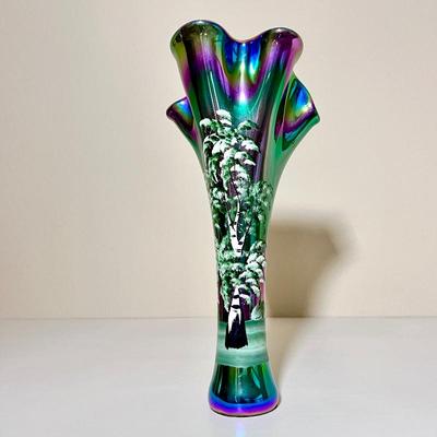 Iridescent Carnival Glass Vase with Hand Painted Birch Tree Art- 12" Tall Decorative Art Glass