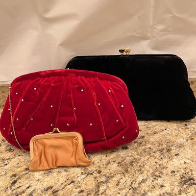 Antique Red Velvet Embellished Evening Clutch with Gold Satin Coin Bag, and A Black Velvet Clutch w/ Kissing Clasp