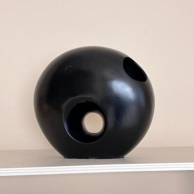 Black Modern Abstract Hollow Sphere Sculpture with Circular Cutouts Contemporary Art