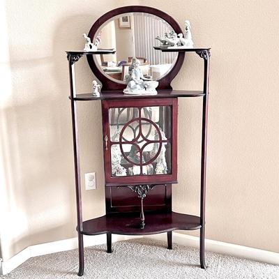 Antique Mahogany Corner Display Cabinet with Round Mirror and Glass Door-Etagere
