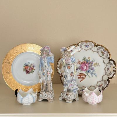 Vintage Rococo Style Bone China Floral Porcelain Plates and Figurines Pair Blue Pink Bird Bowls