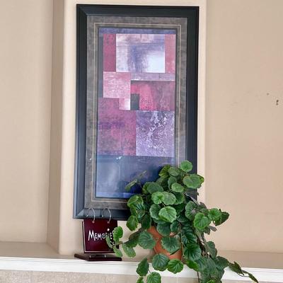 Framed Abstract Wall Art Geometric Print Purple Black Gray with Faux Green Plant and Memories Photo Album Stand