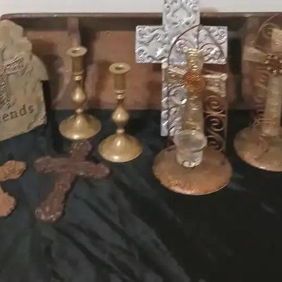 Antique Hanging Shelf and Crosses 