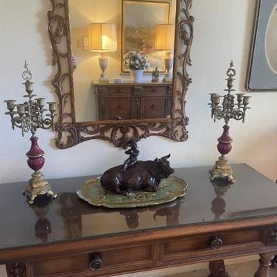 Beautiful side table/desk. Antique brass candle sticks.