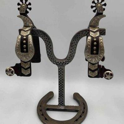 Sale Photo Thumbnail #34: 82 • black iron vaquero style spurs with silver overlay