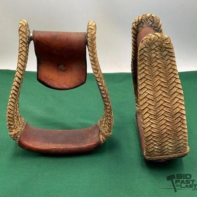 Sale Photo Thumbnail #221: 390 • pair of woven rawhide western stirrups