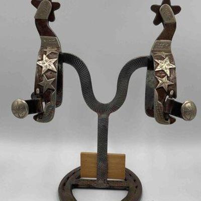 Sale Photo Thumbnail #28: 76 • holtman western style spurs with silver overlay