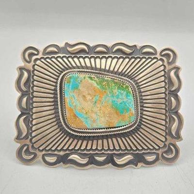 #24 • Handmade Native American Navajo Sterling Silver Royston Turquoise Slab Belt Buckle
