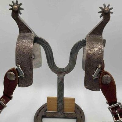58 • vintage engraved sterling silver spurs with spur straps
