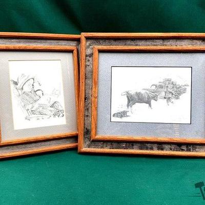783 • two pencil sketch prints in western frames