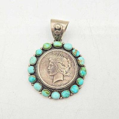 #26 • Handmade Native American Navajo (Diné) Peace Dollar & Turquoise Cluster Pendant
