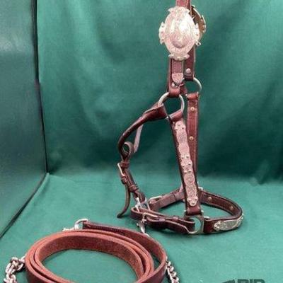 433 • vintage engraved sterling silver overlay show halter with lead