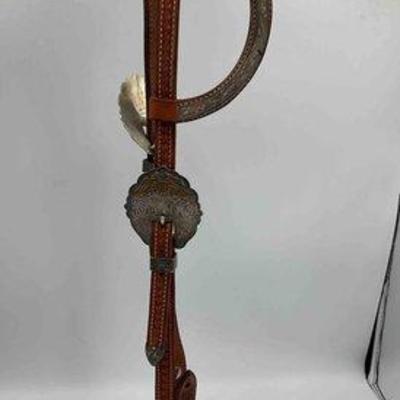 Sale Photo Thumbnail #302: 501 • broken horn split ear head stall with engraved sterling silver