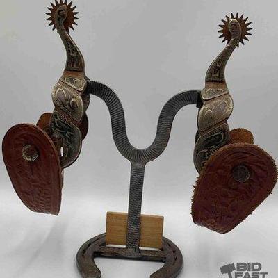 Sale Photo Thumbnail #27: 75 • mexican style spurs with silver inlay and spur straps