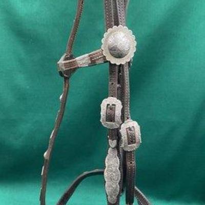 504 • vintage show head stall with engraved sterling silver