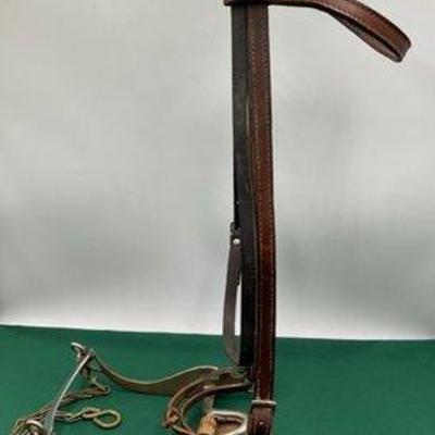 482 • vintage leather headstall with sliester bit and slobber chains