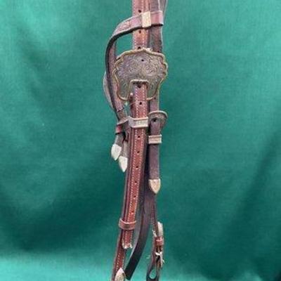 506 • vintage western show head stall with engraved sterling silver