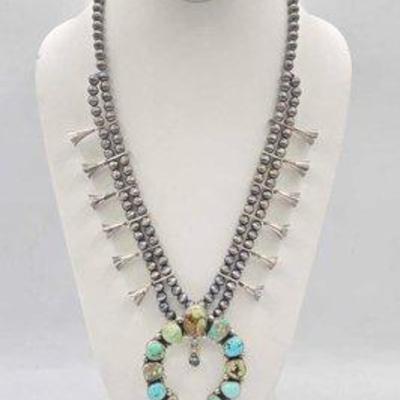 #20 • Handmade Native American Sterling Silver and Royston Turquoise Squash Blossom Necklace
