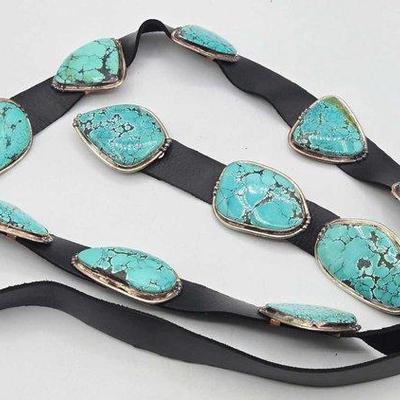 #28 • Native American Handmade Sterling Silver and Turquoise Slab Concho Belt
