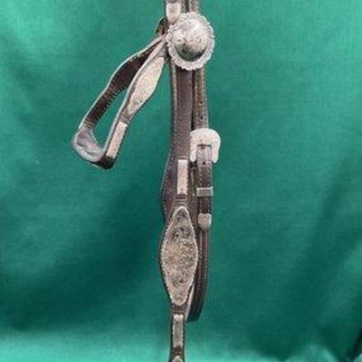 509 • vintage western show head stall with engraved sterling silver