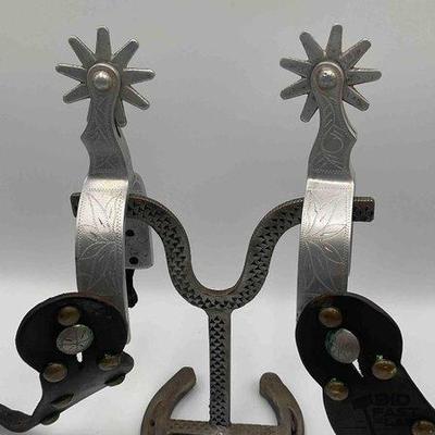 Sale Photo Thumbnail #36: 84 • vintage crockett aluminum spurs with vintage spur straps