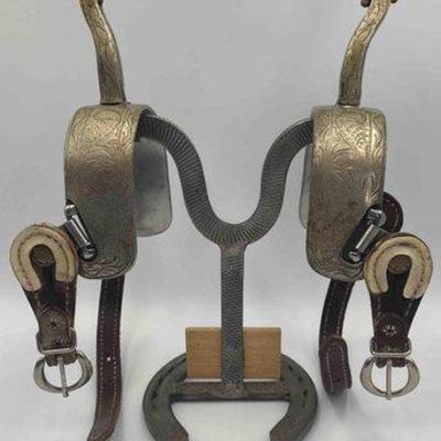 Sale Photo Thumbnail #24: 72 • silver engraved western spurs with spur straps