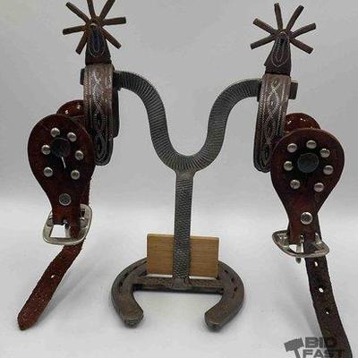 Sale Photo Thumbnail #26: 74 • mexican style black iron working spurs with spur straps