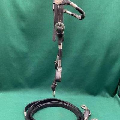 523 • black leather browband head stall and reins with ferrule accents