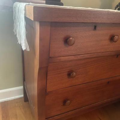 Antique Solid Wood 4-Drawer Dresser | 19th Century Empire-Style Chest with Wooden Knobs