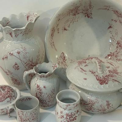 Antique English Red Transferware Wash Set | “Daphne” by E.M. & Co. & “Cannes” by J.H.W. & Sons | c.