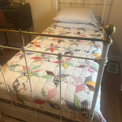 Antique White Iron Bed Frame with Brass Accents