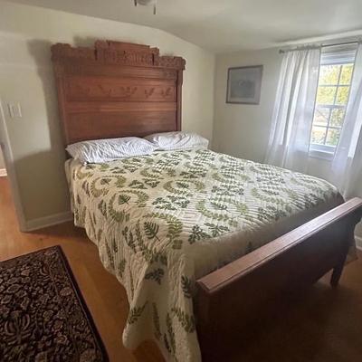 Antique Carved Walnut Bed Frame with Ornate Headboard