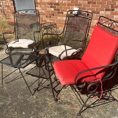 Three Black Metal Patio Chairs with Plant Stands & Side Table