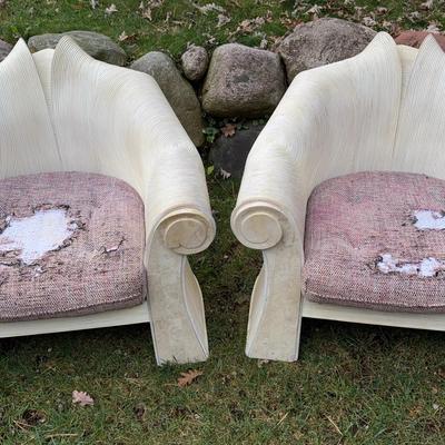 Pair of Vintage Pencil Reed Rattan Lounge Chairs with Tessellated Marble Accents 