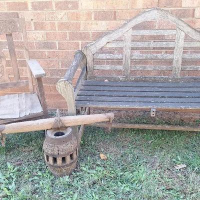 'Old Timey Pieces' Includes Atlantic Bench, Ox Yoke, Wooden Rocking Chair & Wooden Wagon Wheel Hub