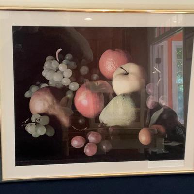 Hand Signed Print Of Fruit In Gold Colored Frame.