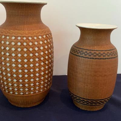 Pair Of Woven Rattan Covered Ceramic Vases