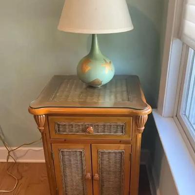 Glass Topped Wicker Nightstand With Lamp