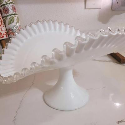 Vintage Fenton Silver Crest Banana Console Bowl Milk Glass Pedestal