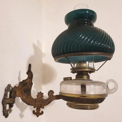 Antique Brass Hanging Oil Lamp with Emerald Green Ribbed Glass Shade