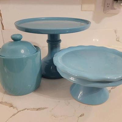 Blue Cake Stands And Jar