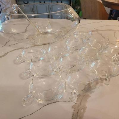 Thick Glass Punch Bowl With Ladle And 12 Glasses