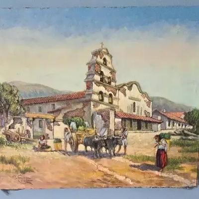 Original Oil Painting on Canvas – Mission Scene Signed “Sanchez”