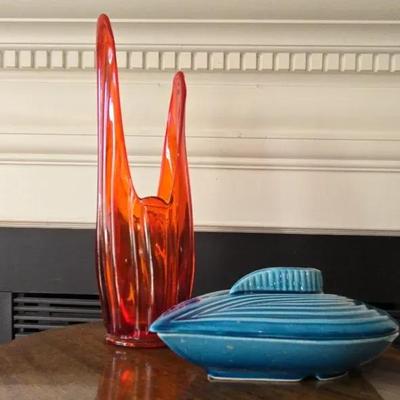 Red-Orange Stretch Glass Vase/California Pottery Covered Dish. 1960's