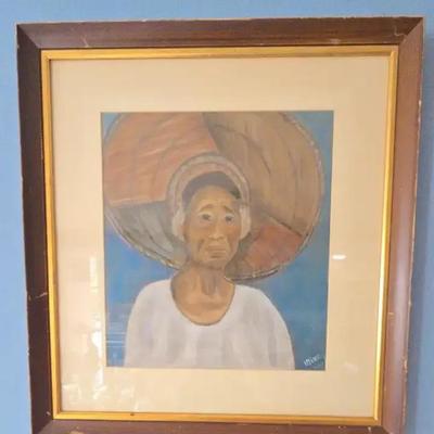 Framed 1963 Signed Portrait Painting of Woman in Straw Hat – Artist “Mike”