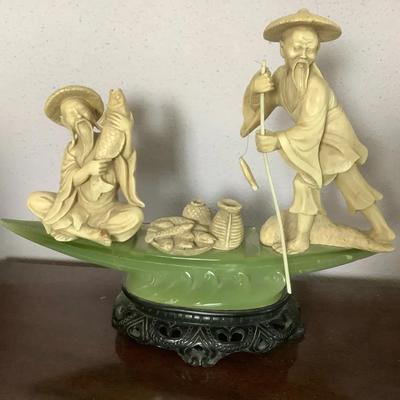 Asian Fishermen Figurine on Faux Jade Boat with Carved Base
